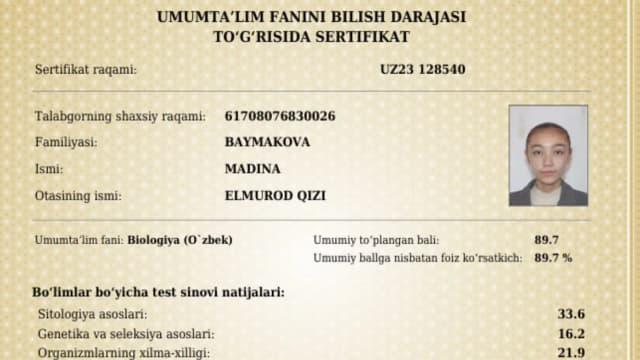 Тошкентлик ўқувчи қиз тиббиёт йўналишида 189 балл тўплади