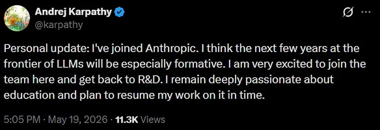Сунъий интеллект оламида шов-шувли трансфер: Андрей Карпатҳй Anthropic компаниясига ўтди