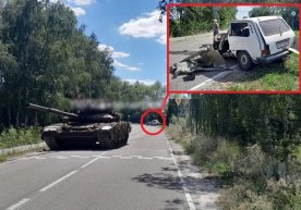 Белгород яқинида Россия танки автомобилни босиб кетди фото