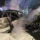 An electric car caught fire after a traffic accident that