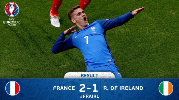 Евро-2016: Франция Гризманнинг дубли эвазига Ирландияни енгиб, чорак финалга чиқди