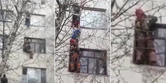 Қозоғистонда ёнаётган 5 қаватли уйдан болани қутқариш жараёни видеога олинди