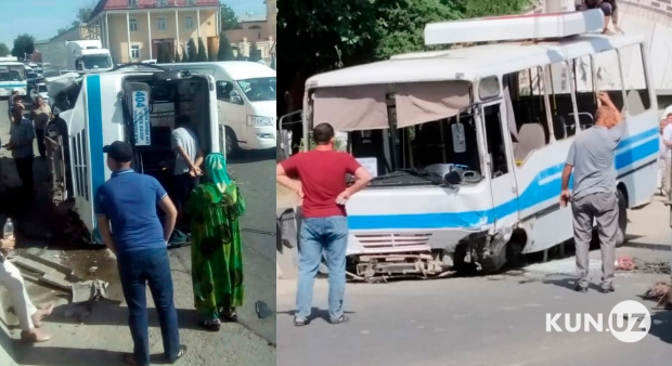 Samarqandda yo‘lovchi avtobus ag‘darilib ketdi (foto)
