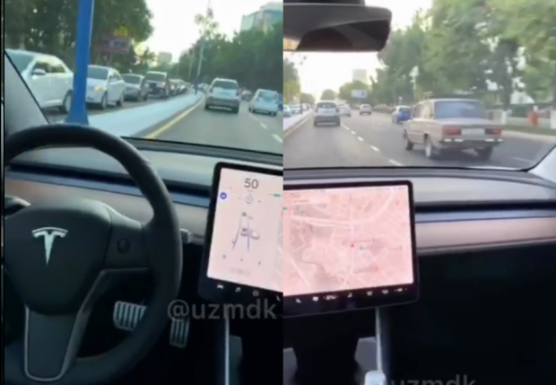 Toshkent ko‘chalarida avtopilotda harakatlanayotgan Tesla avtomobili (video)