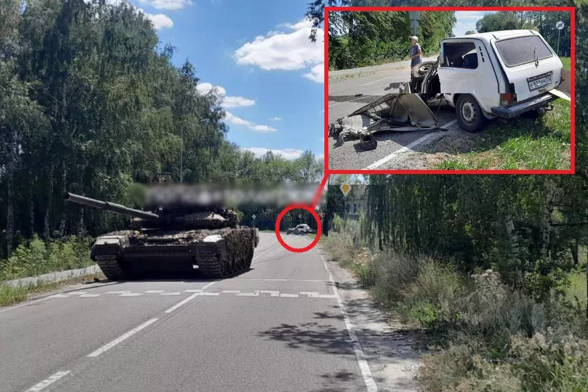 Белгород яқинида Россия танки автомобилни босиб кетди расм