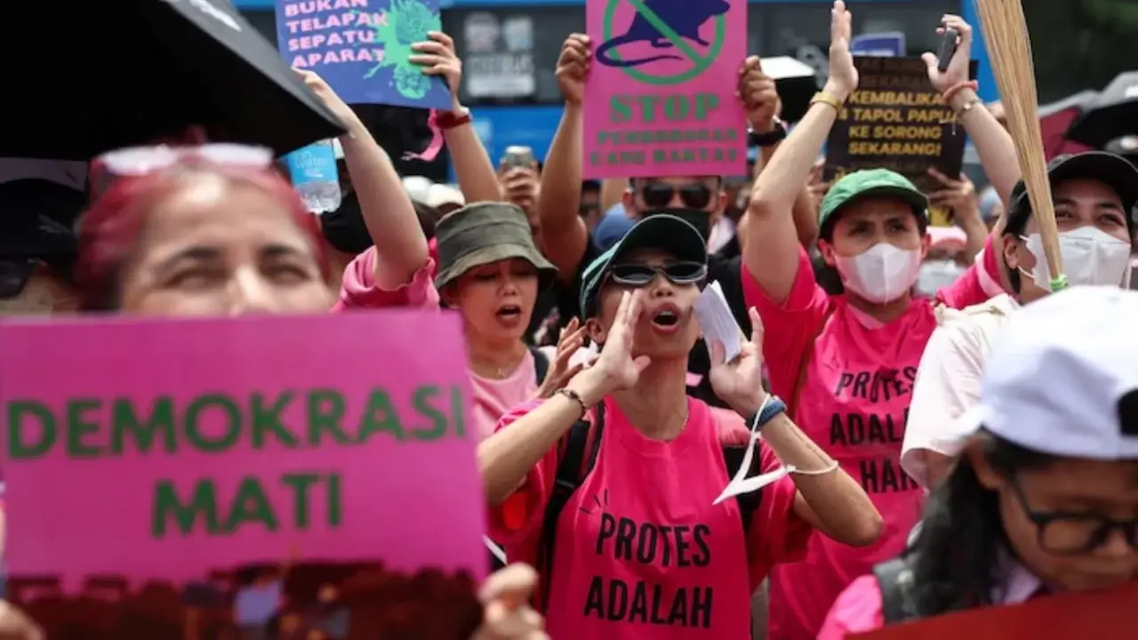 Women with brooms protest against government