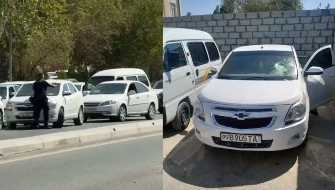 Urgenç'te bir trafik müfettişi bir sürücünün camını kırarak durdurdu.