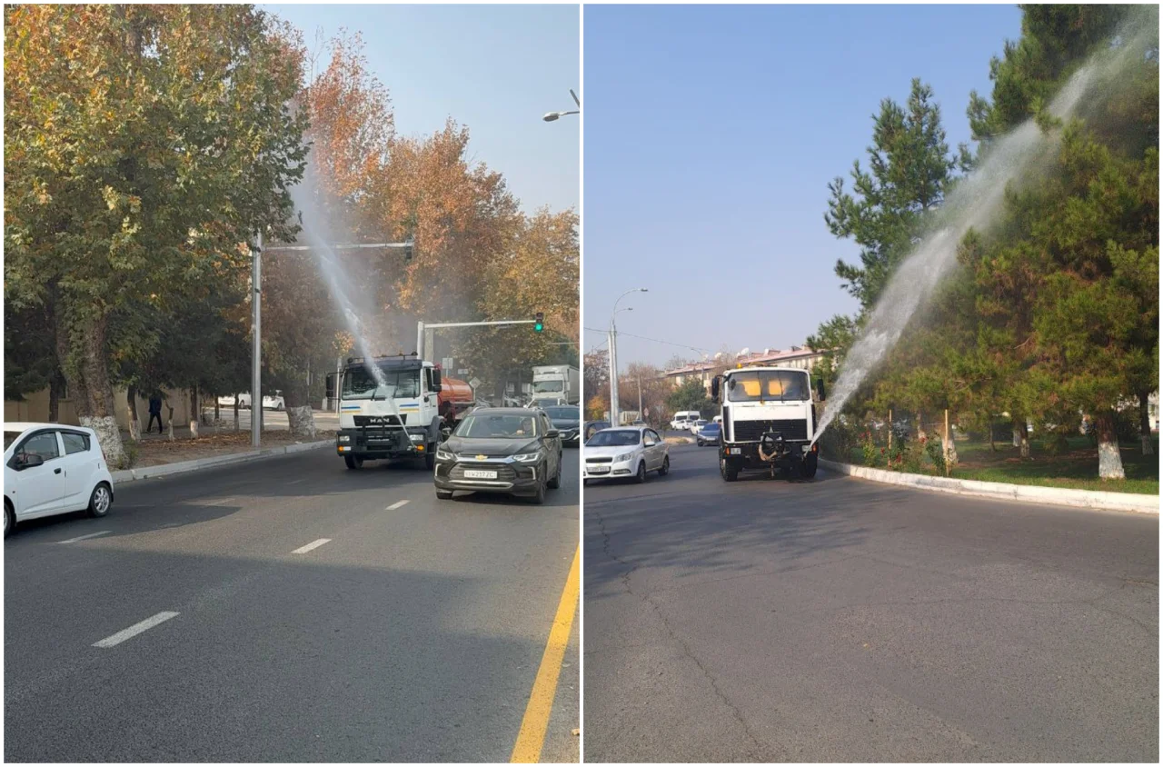 Шаҳарда чангни камайтириш учун намлаш тадбирлари ўтказилмоқда