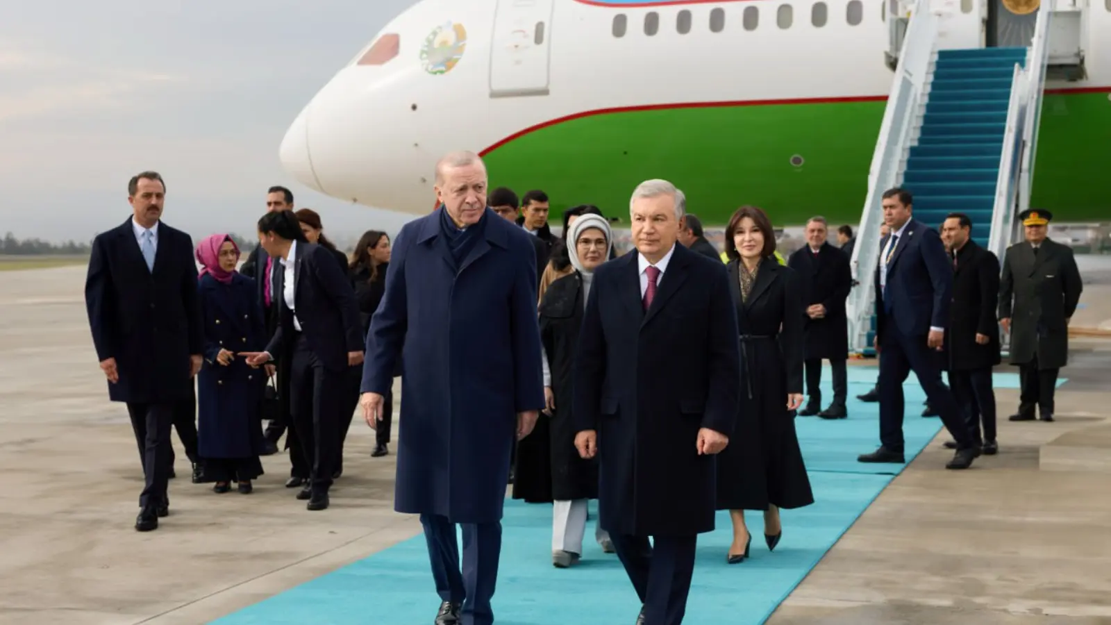 Mirziyoyev and his wife were met at the airport by Erdogan and his wife