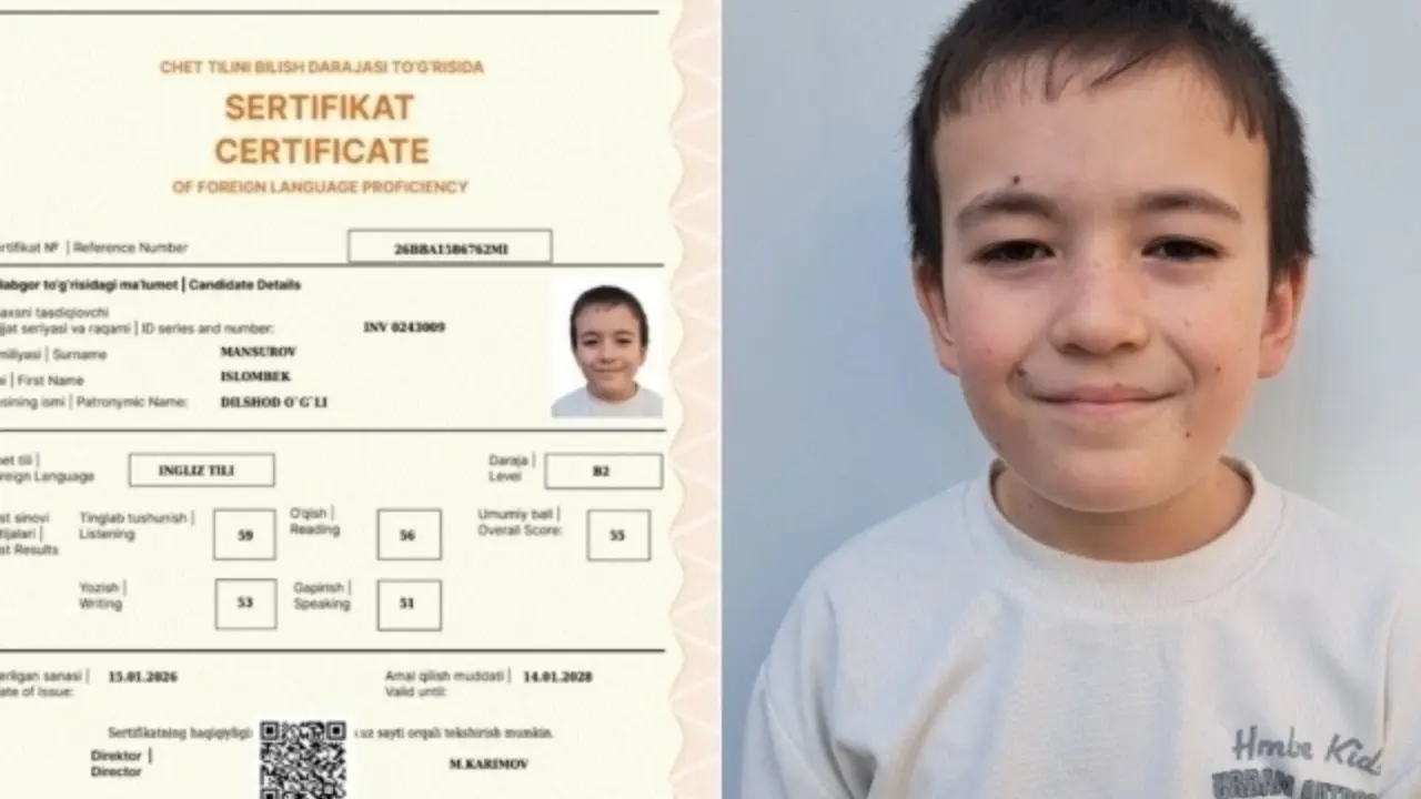 Ученик 5-го класса из Навои получил оценку B2 по английскому языку