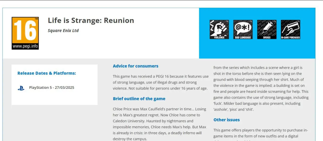 PEGI bazasida Life is Strange Reunion sahifasi topildi
