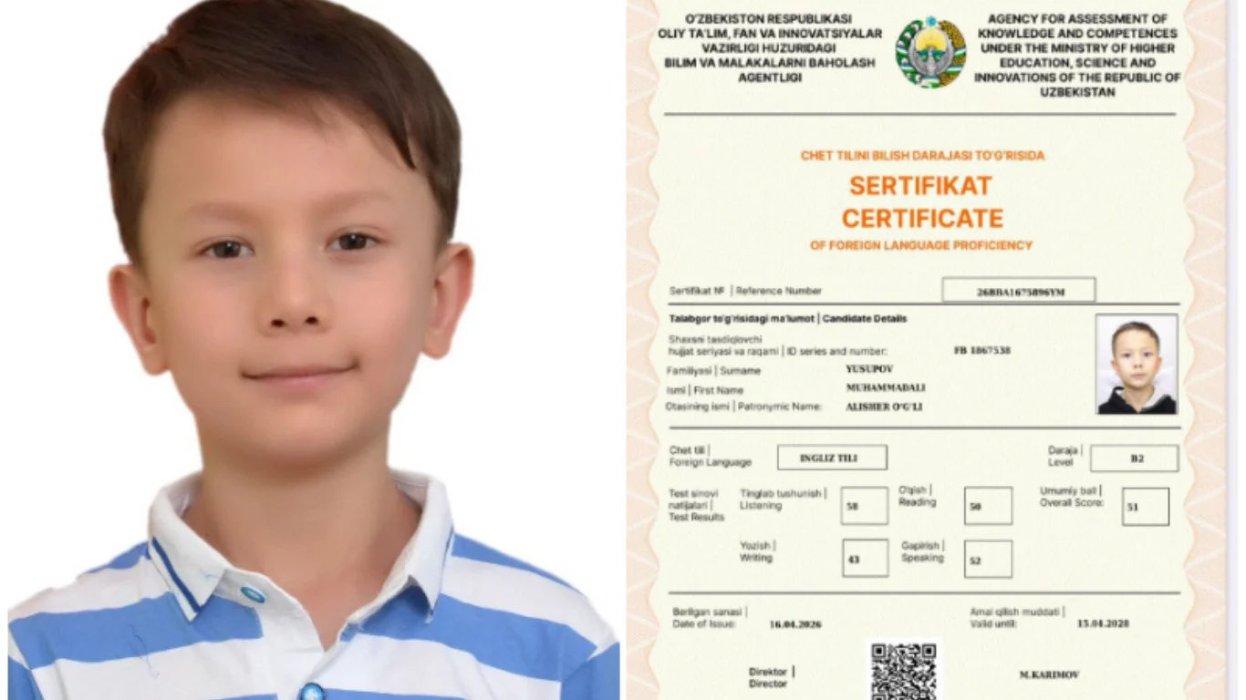 8 ёшли навоийлик ўқувчи инглиз тилидан рекорд ўрнатди