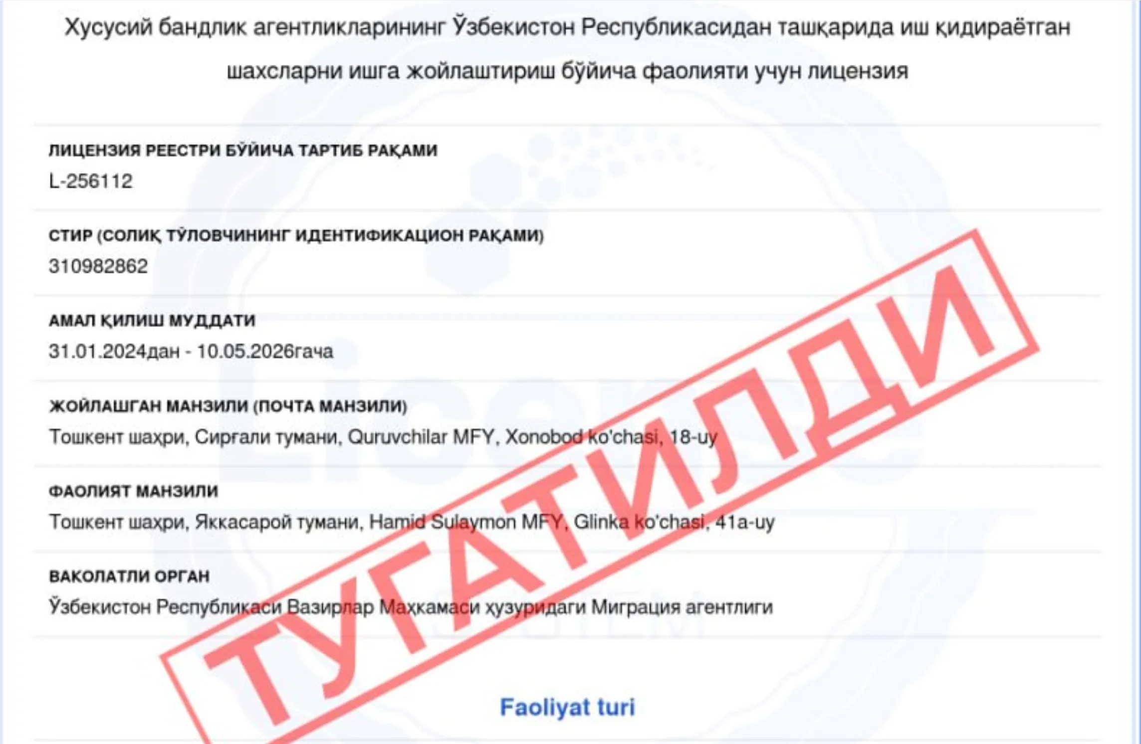 Икки хусусий бандлик агентлиги лицензиясини йўқотди