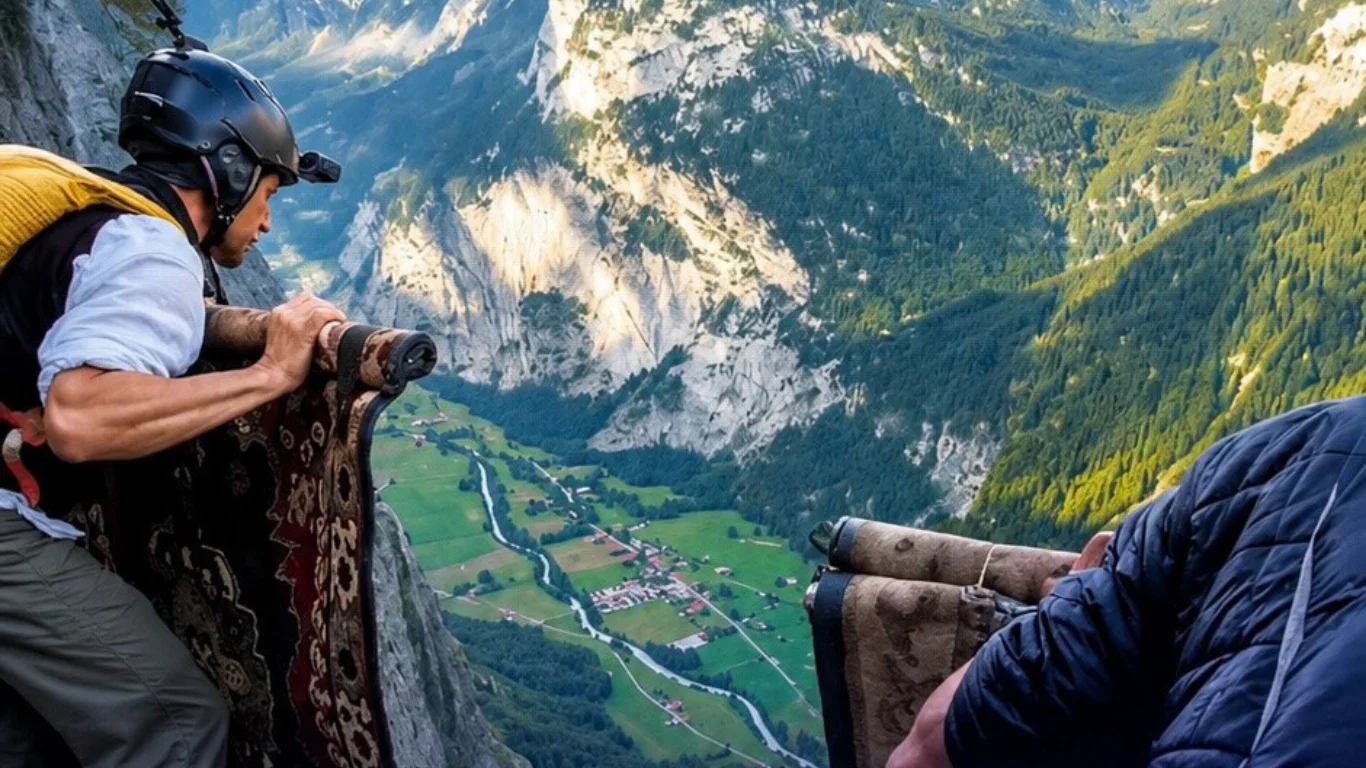 Französischer Wingsuit-Pilot fliegt mit einem Teppich in den Alpen
