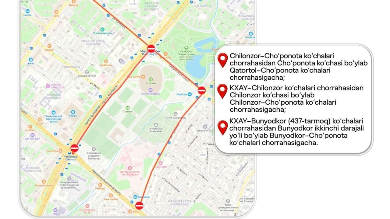 Toshkentda 22 may kuni ayrim yo‘llar vaqtincha yopiladi