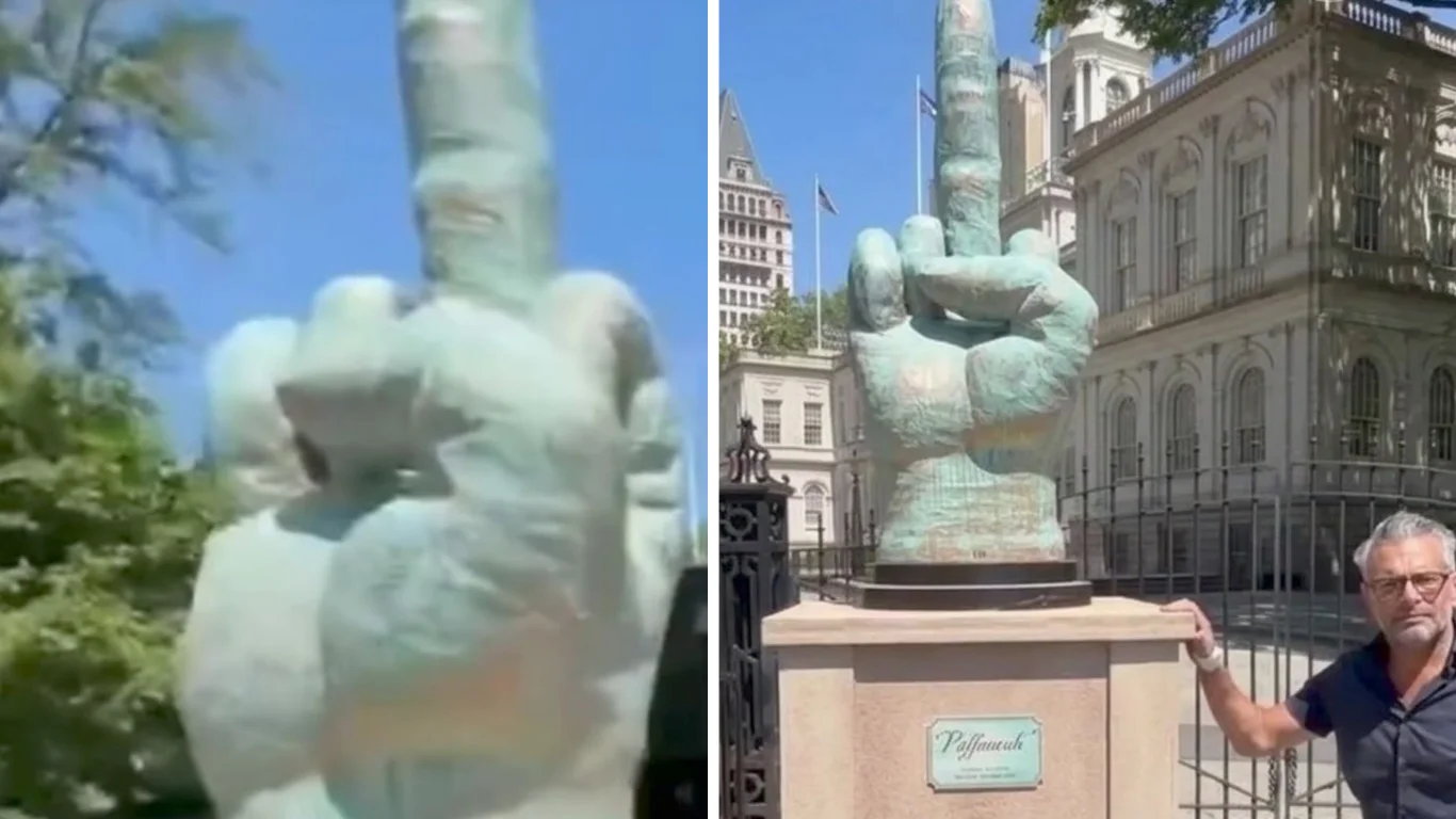 Protestsymbol in New York: „Mittelfinger“-Statue vor dem Rathaus aufgestellt