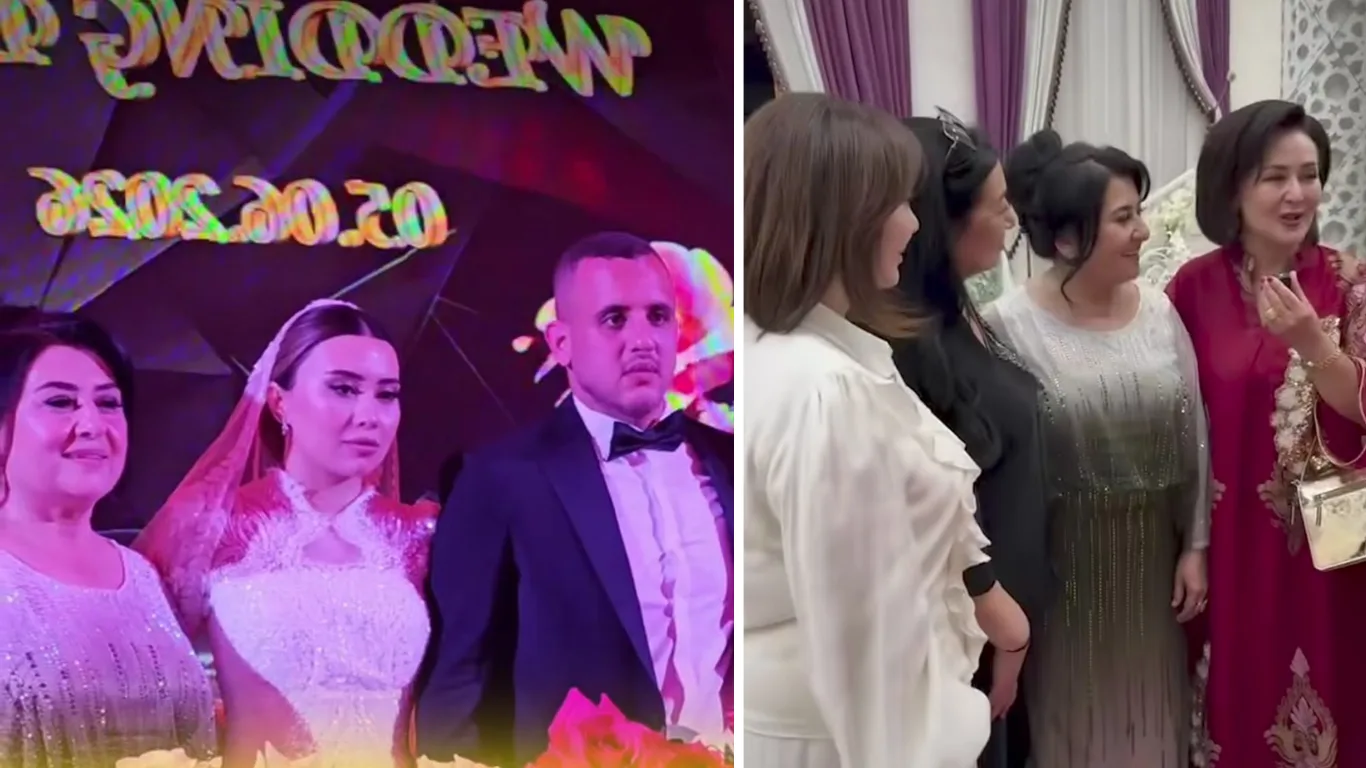 To'y marosimida kelin-kuyov va bayramona kiyingan ayollar guruhi tasvirlangan.
