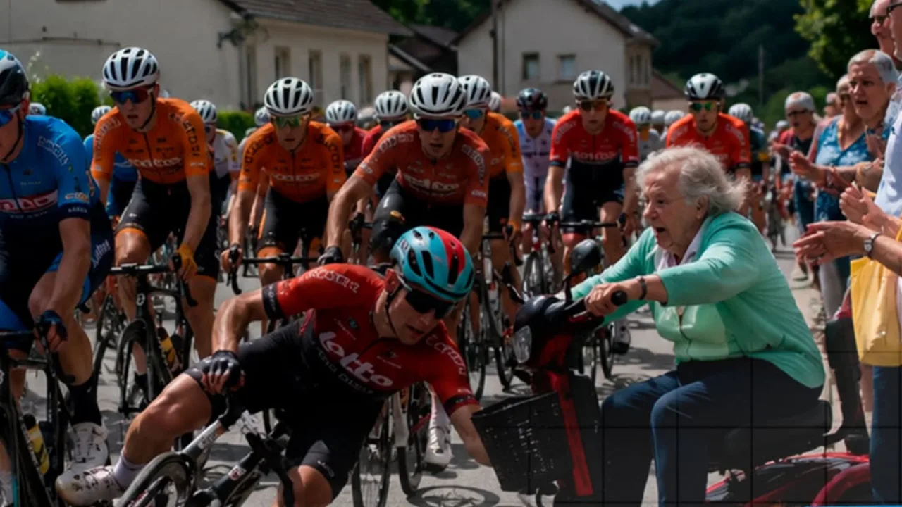 Old woman trying to watch race causes cyclists to crash