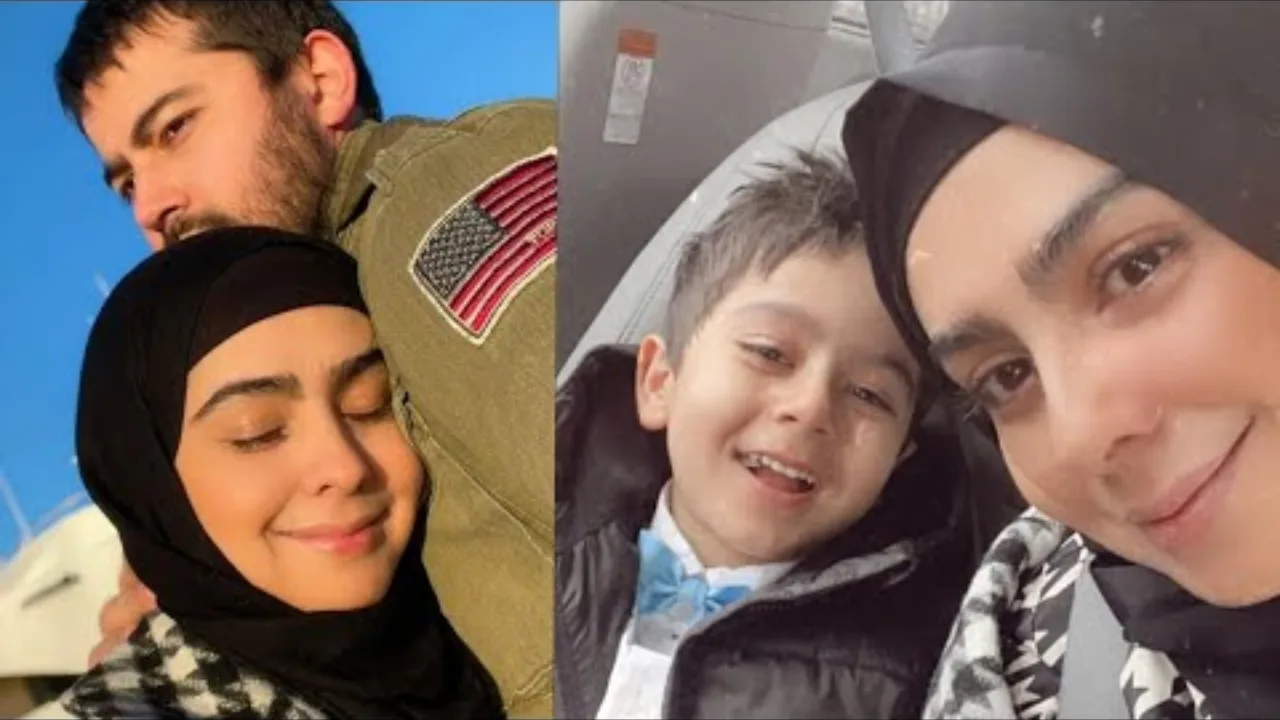 Ikki qismdan iborat rasmda erkak, hijobli ayol va yosh bolaning selfi suratlari aks etgan.