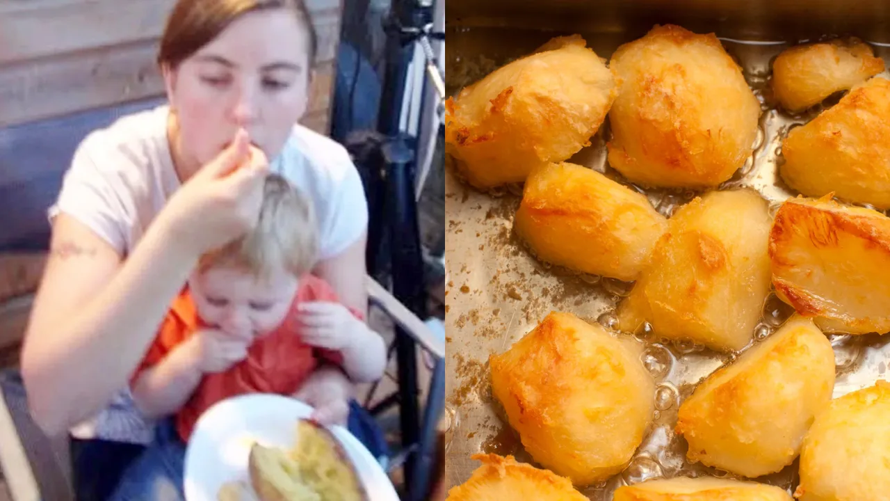 Ayol go‘dak bilan ovqatlanmoqda va qovurilgan kartoshkalar yog‘da pishmoqda.