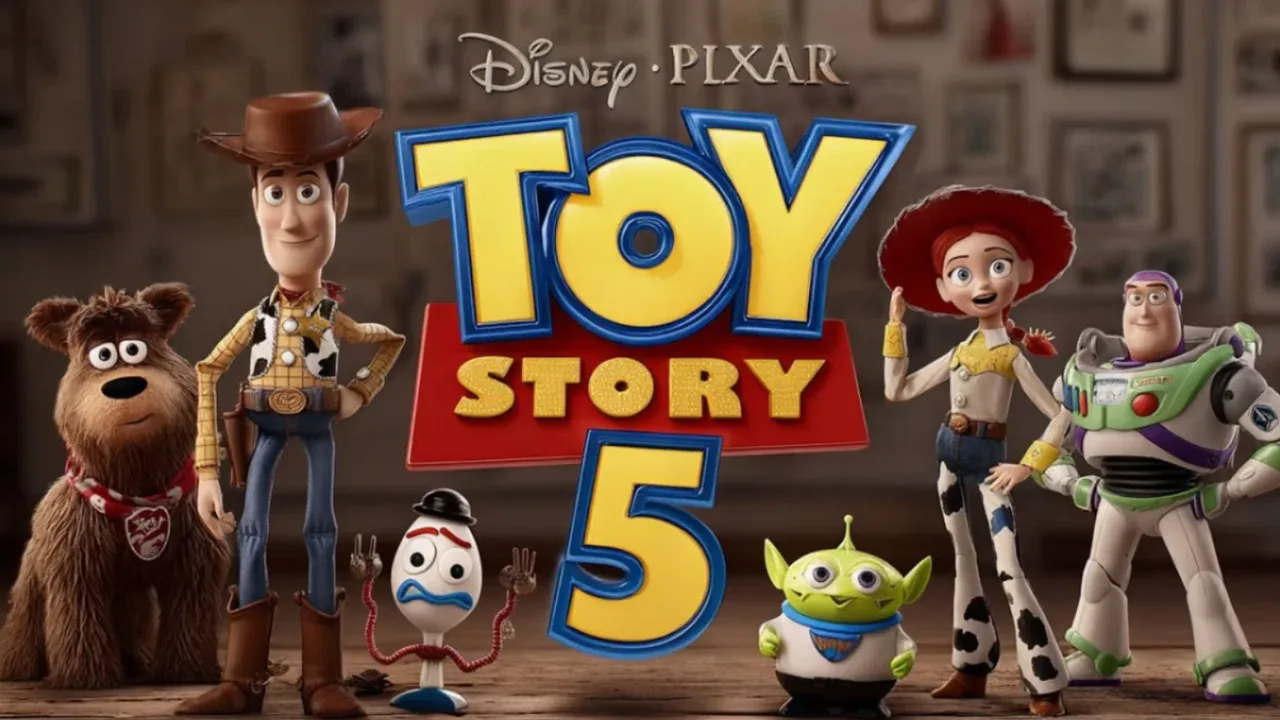 Toy Story 5" yozuvi atrofida Woody, Jessie, Buzz va boshqa o‘yinchoqlar turibdi.