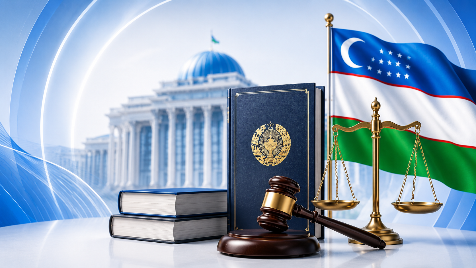 Drapeau de l'Ouzbékistan, livres de droit, marteau de juge et balance de la justice.