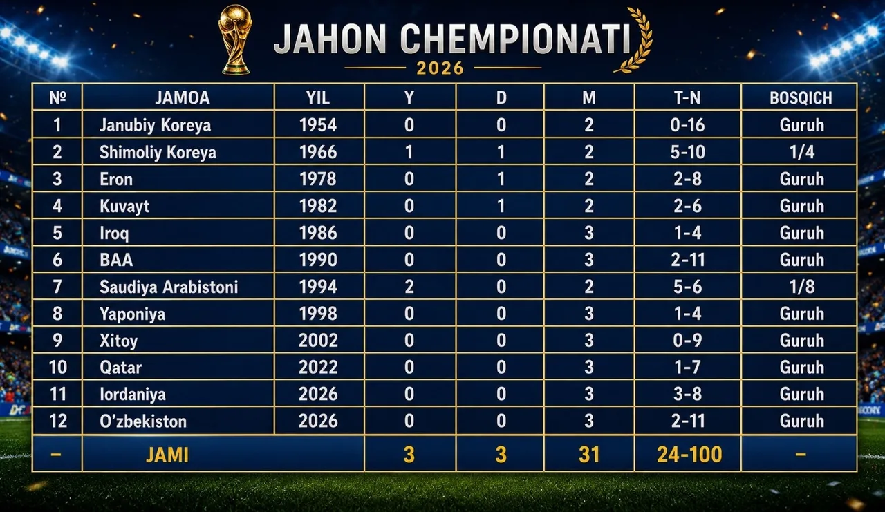 Osiyo jamoalarining Jahon chempionatlaridagi natijalari aks etgan statistik jadval.