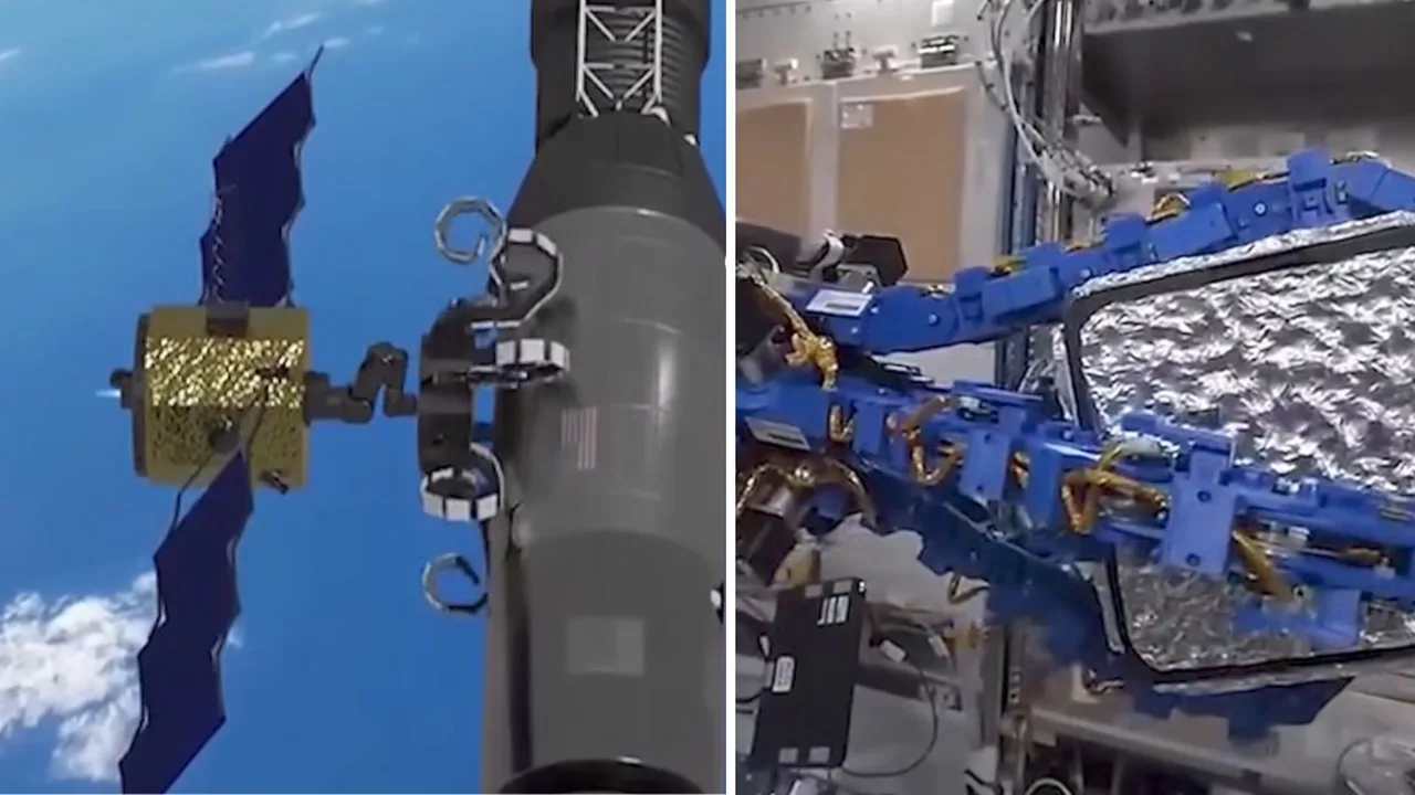 Koinotda harakatlanayotgan sun'iy yo'ldosh va robotning texnik qismlari.