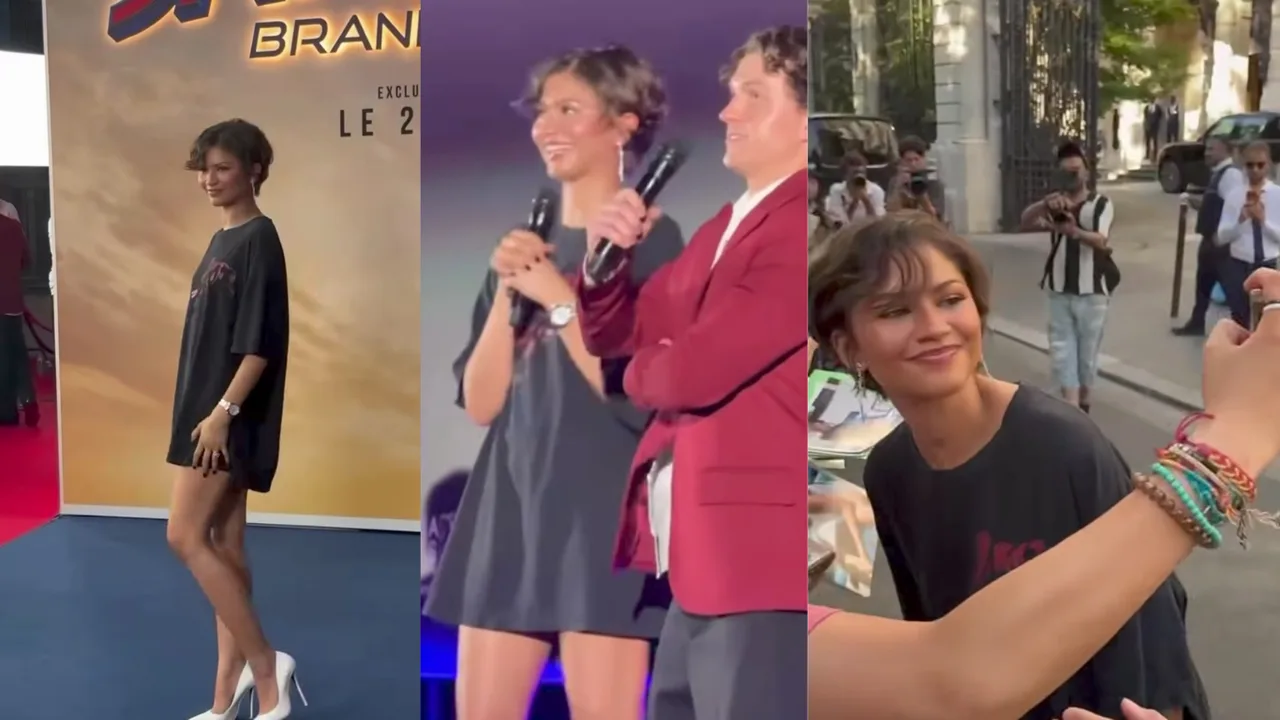 Zendaya tadbirda qora ko‘ylakda qatnashmoqda va muxlislar bilan rasmga tushmoqda.