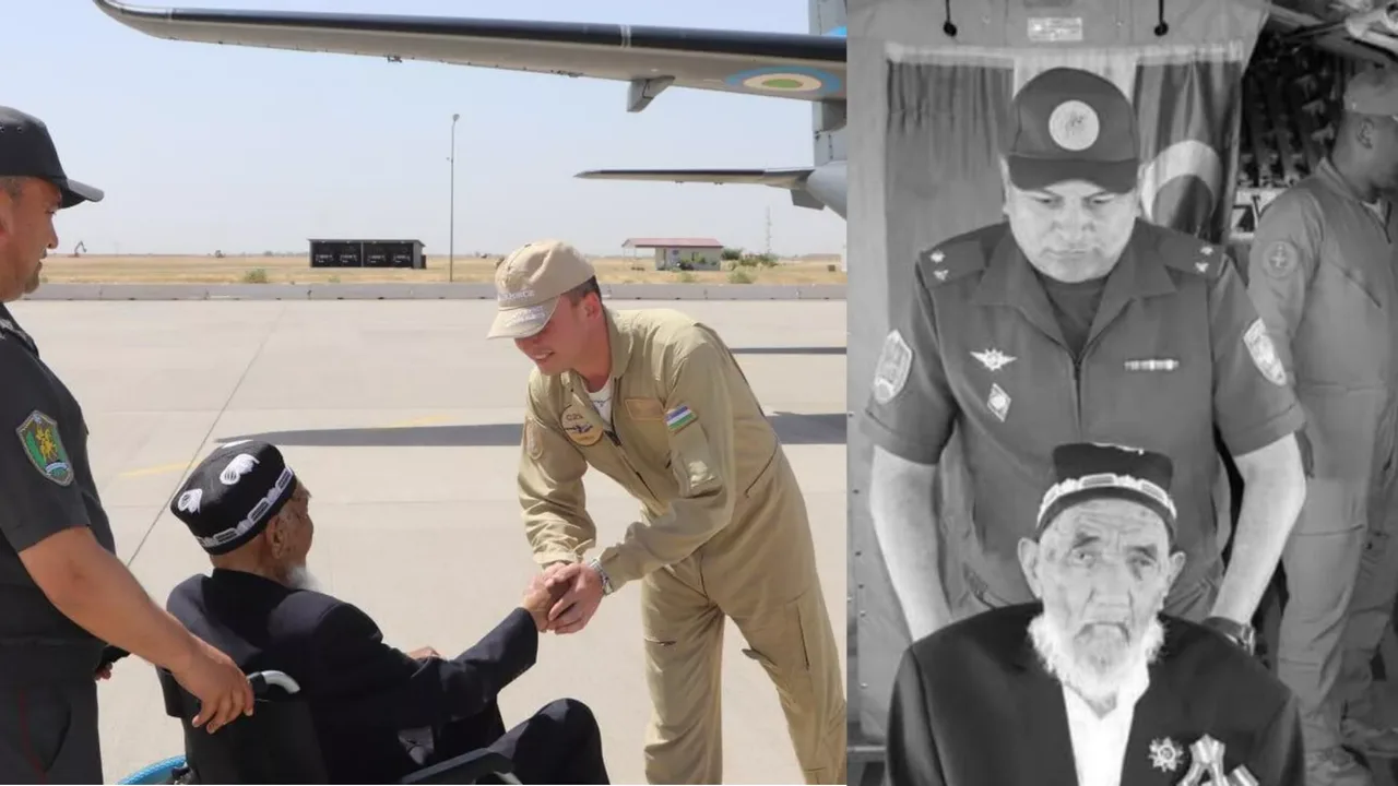 Harbiy uchuvchi nogironlar aravachasidagi qariya bilan airfieldda salomlashmoqda.
