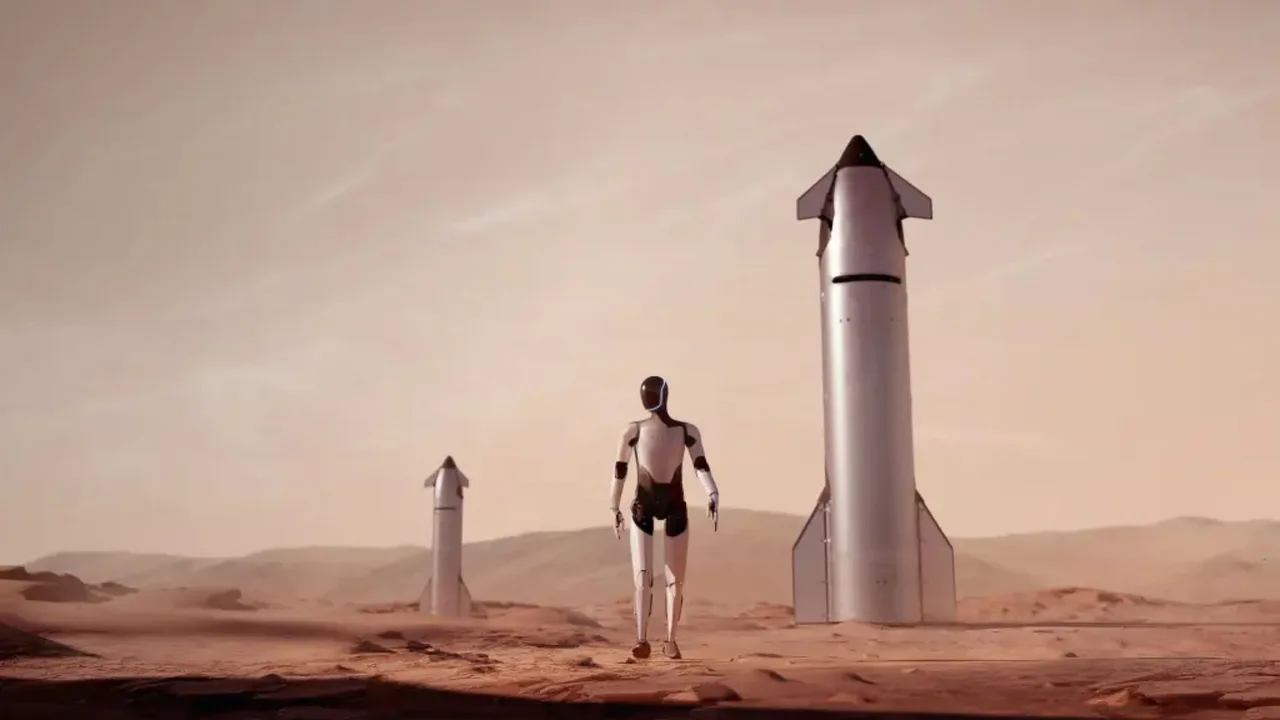 Mars yuzasida ikki raketa orasida yurib ketayotgan oq-qora gumanoid robot.