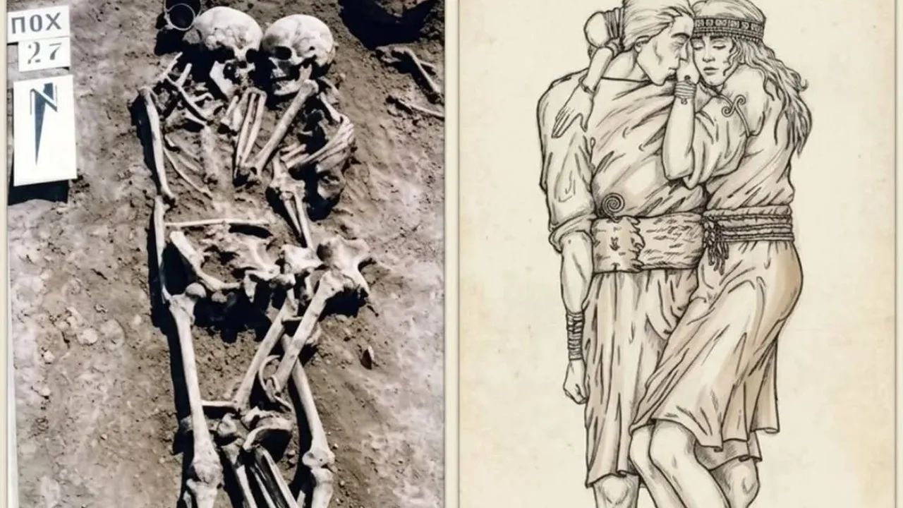 Bir-birini quchoqlab turgan ikki inson skeleti va ularning chizilgan tasviri.