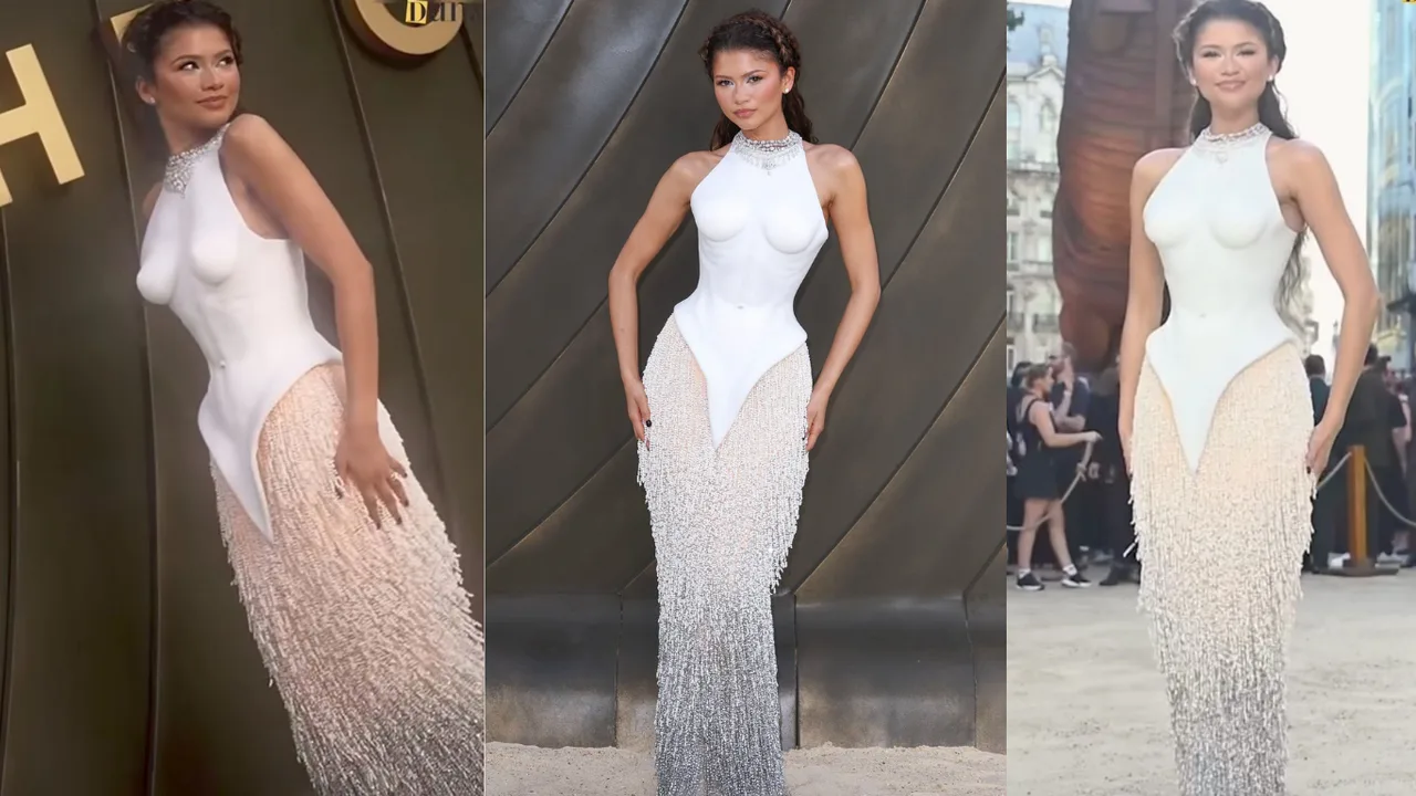Zendaya poses at the event in a white corset and shimmering skirt dress.