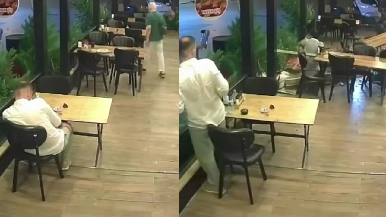 Horror im Café: Motorrad erfasst Kunden (Video)