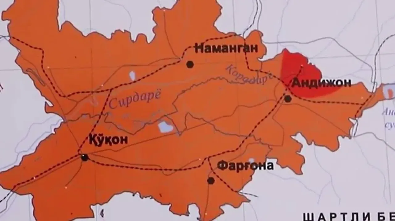 Карта Ферганской долины Узбекистана с обозначением областных центров.
