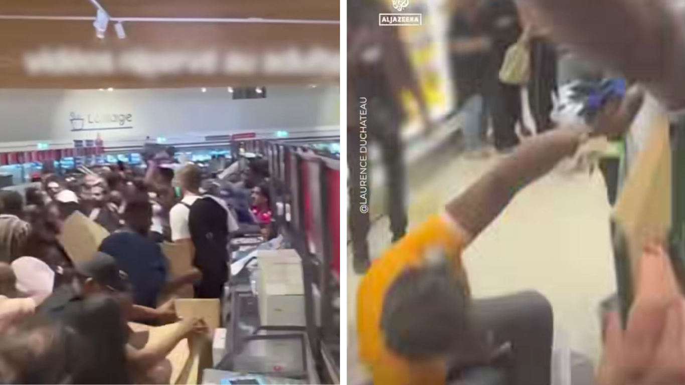 Odamlar do‘kon ichida bir-birlari bilan janjallashmoqda va tartibsizlik yuzaga kelgan.