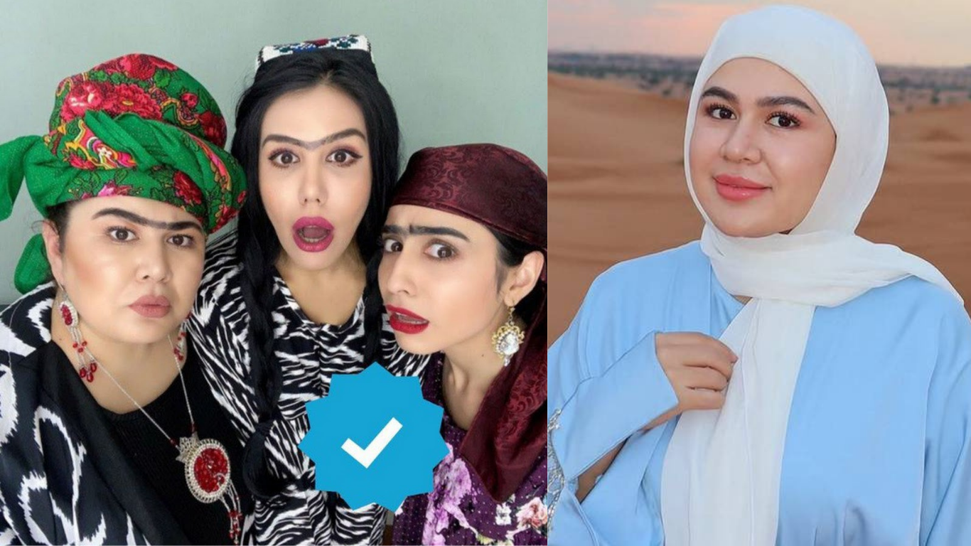 Milliy kiyimdagi uch ayol va hijobli ayolning yonma-yon kollaji.