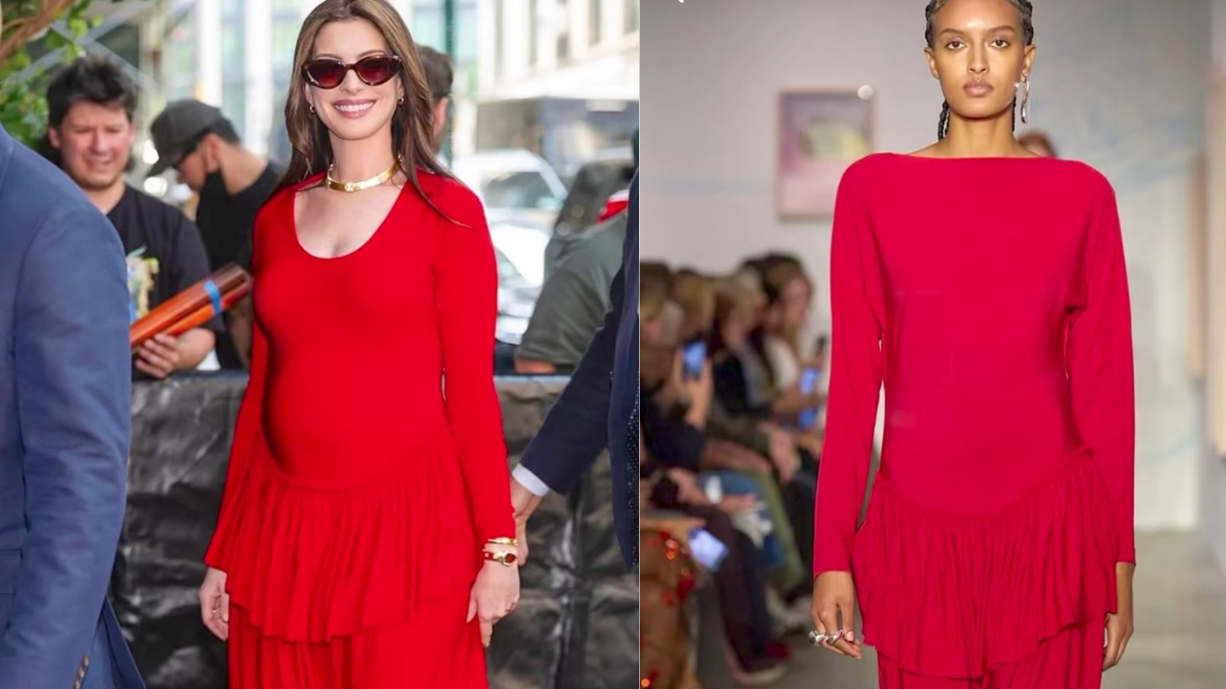 A collage of two women side-by-side wearing the red dress.