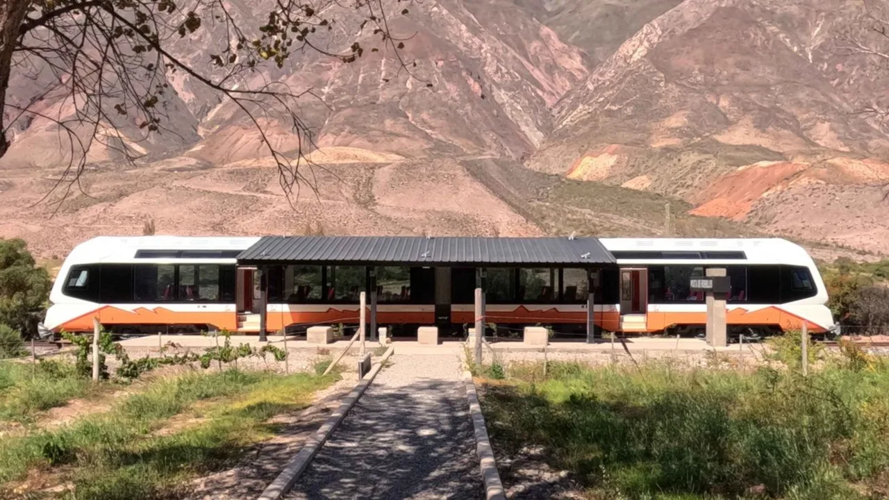 Tog‘lar fonidagi bekatda oq va to‘q sariq rangli sayyohlik poyezdi turibdi.
