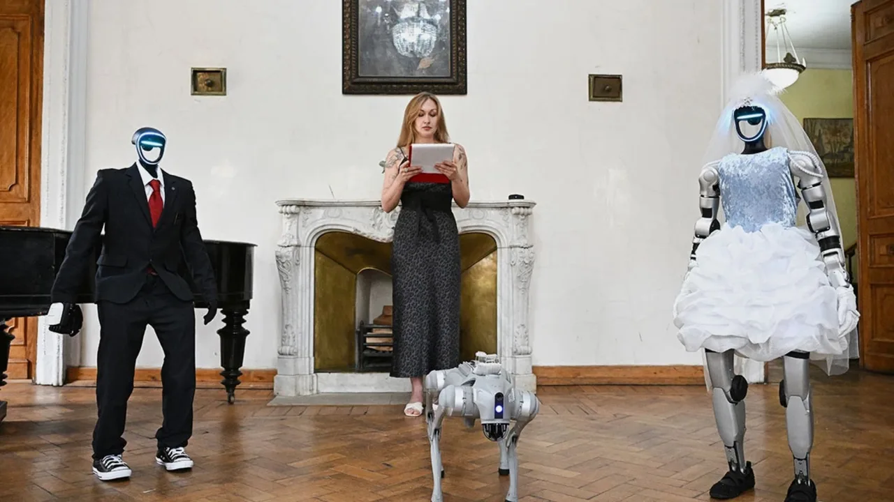 Kelin-kuyov libosidagi ikki robot va ularning o'rtasida ayol kishi turibdi.