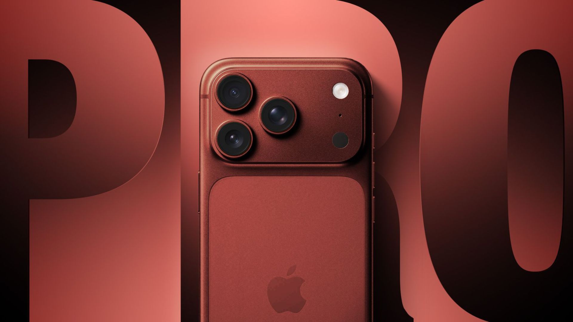 Qizil rangli Apple iPhone smartfoni kamera bloki va fonida "PRO" yozuvi.