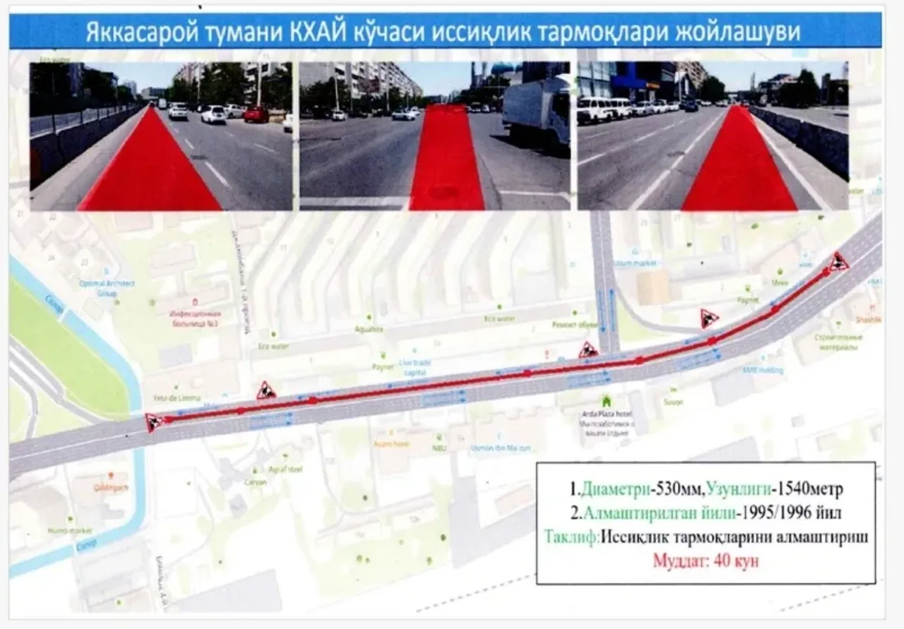 Map of heating networks and repair project scheme on the Small Ring Road in Yakkasaroy.