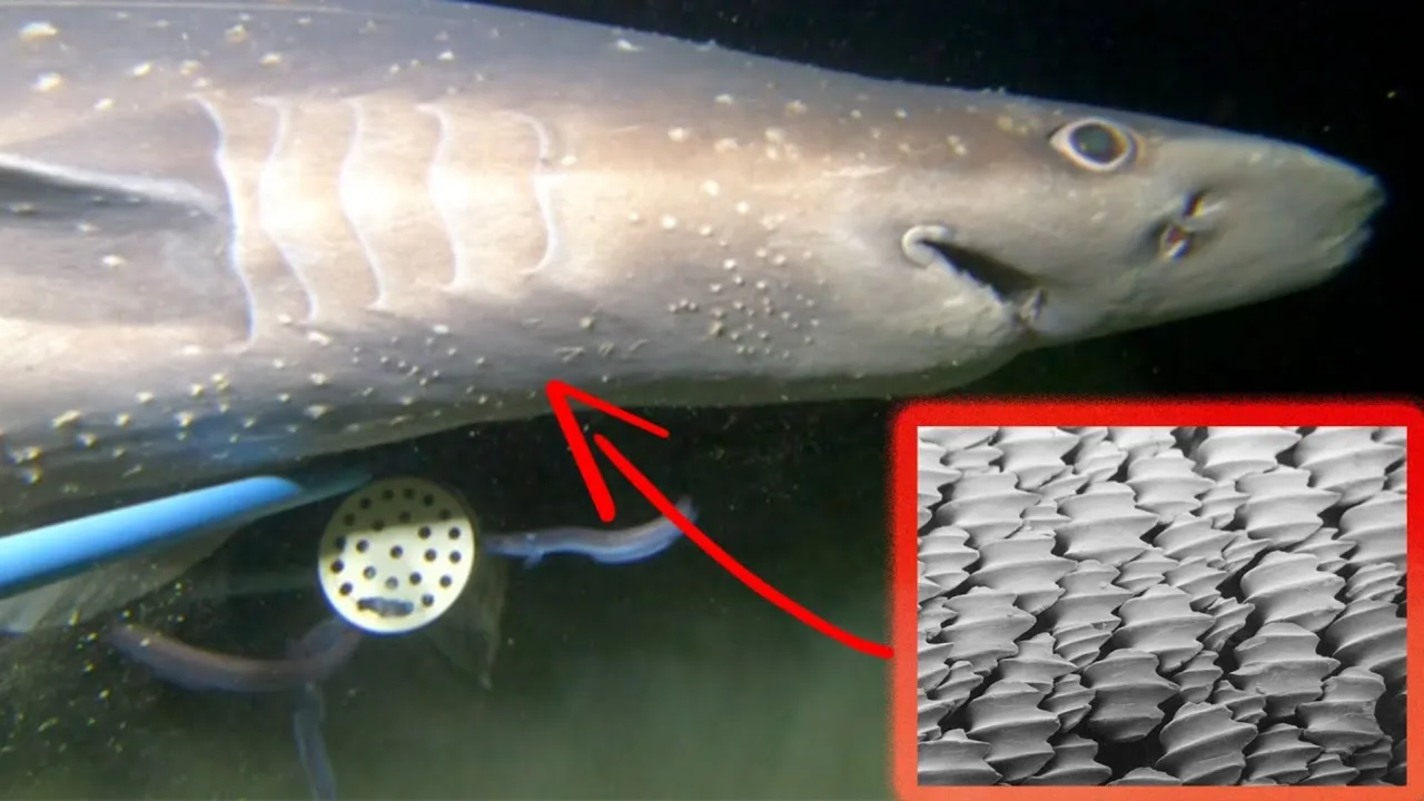 Shark skin and its appearance under a microscope, indicated by a red arrow.