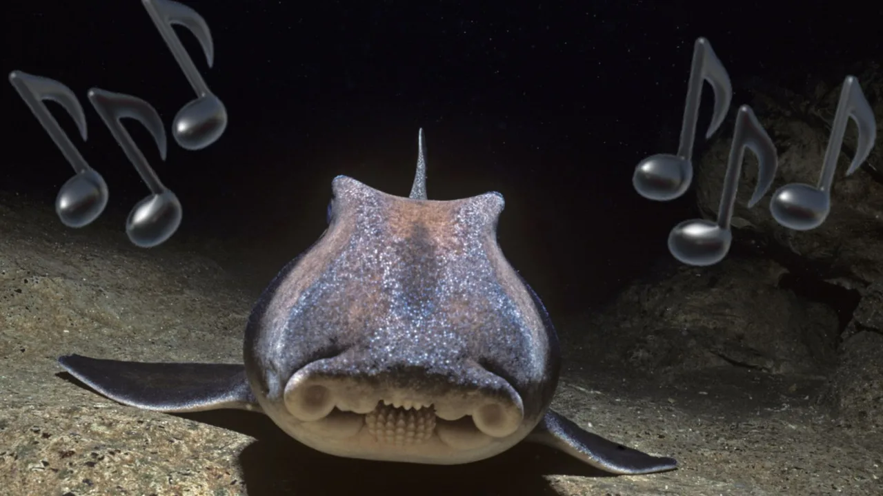 A shark swimming in the deep sea with musical notes around it.