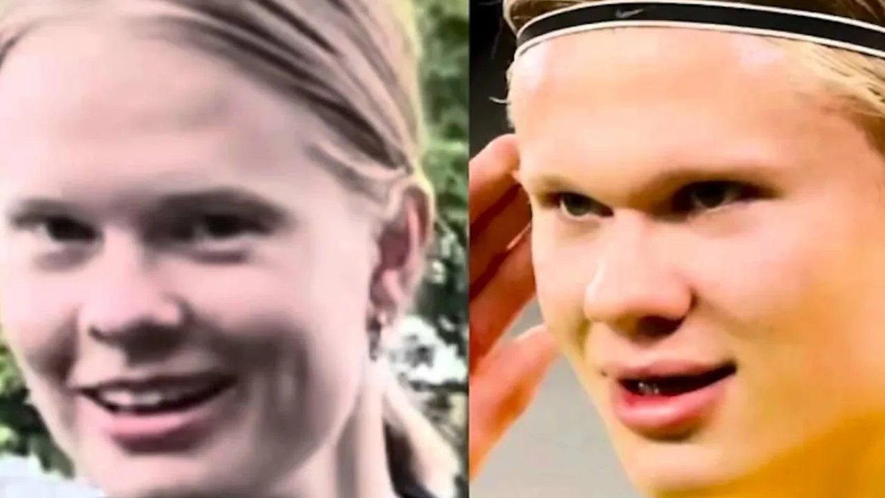 Erling Holand va unga juda o'xshash qizning yonma-yon qo'yilgan surati.