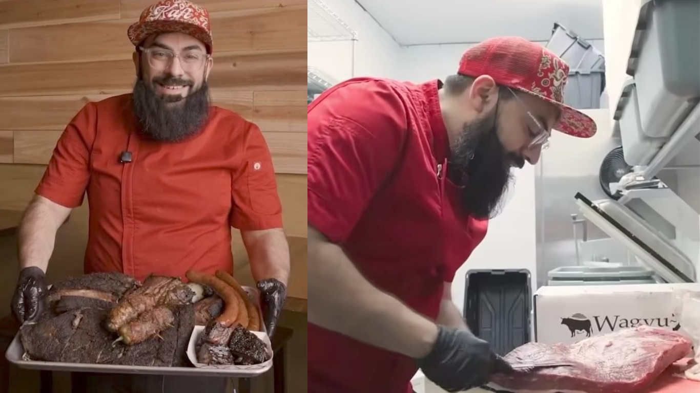 Qizil kiyimdagi oshpaz go'shtli taomlarni tayyorlamoqda va ko'rsatmoqda.