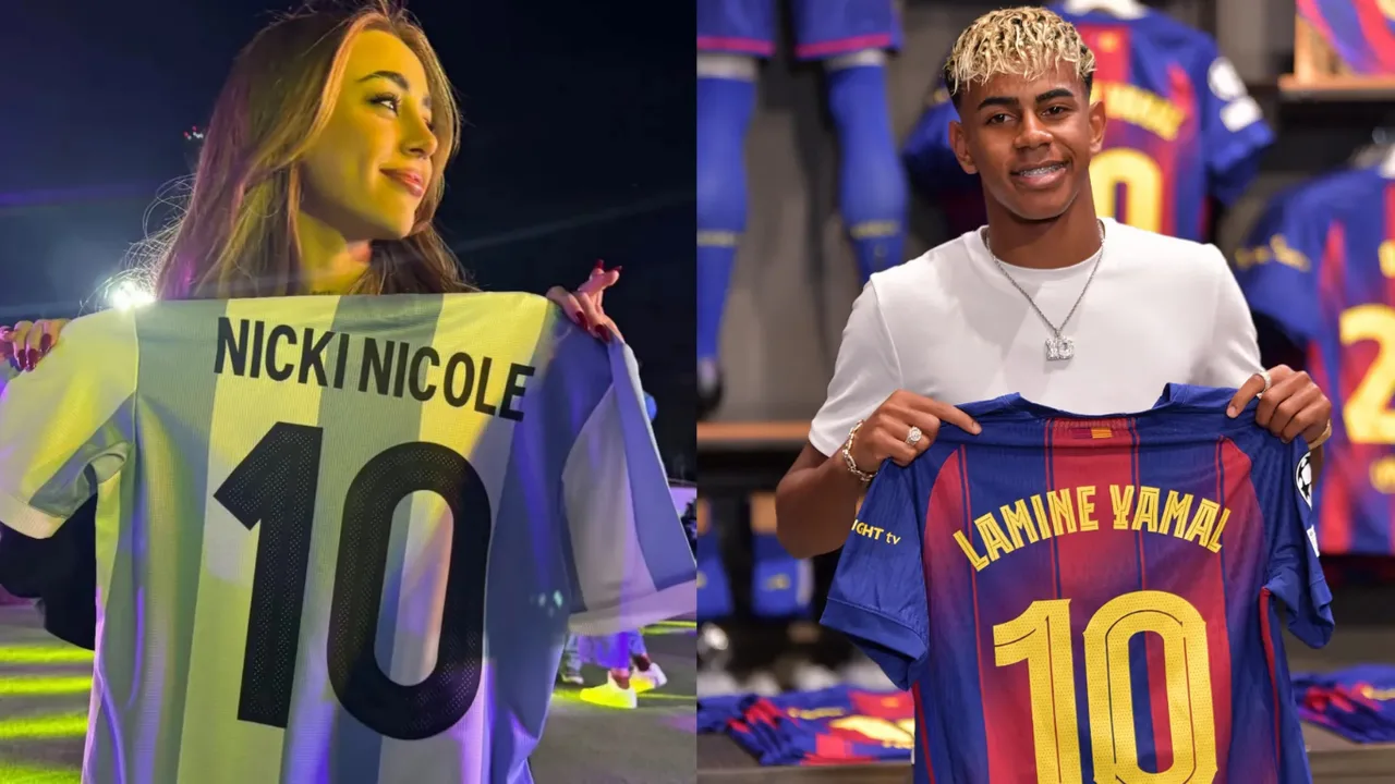 Nicki Nicole va Lamine Yamal oʻz ismlari yozilgan 10-raqamli futbolkalarini ushlab turibdi.