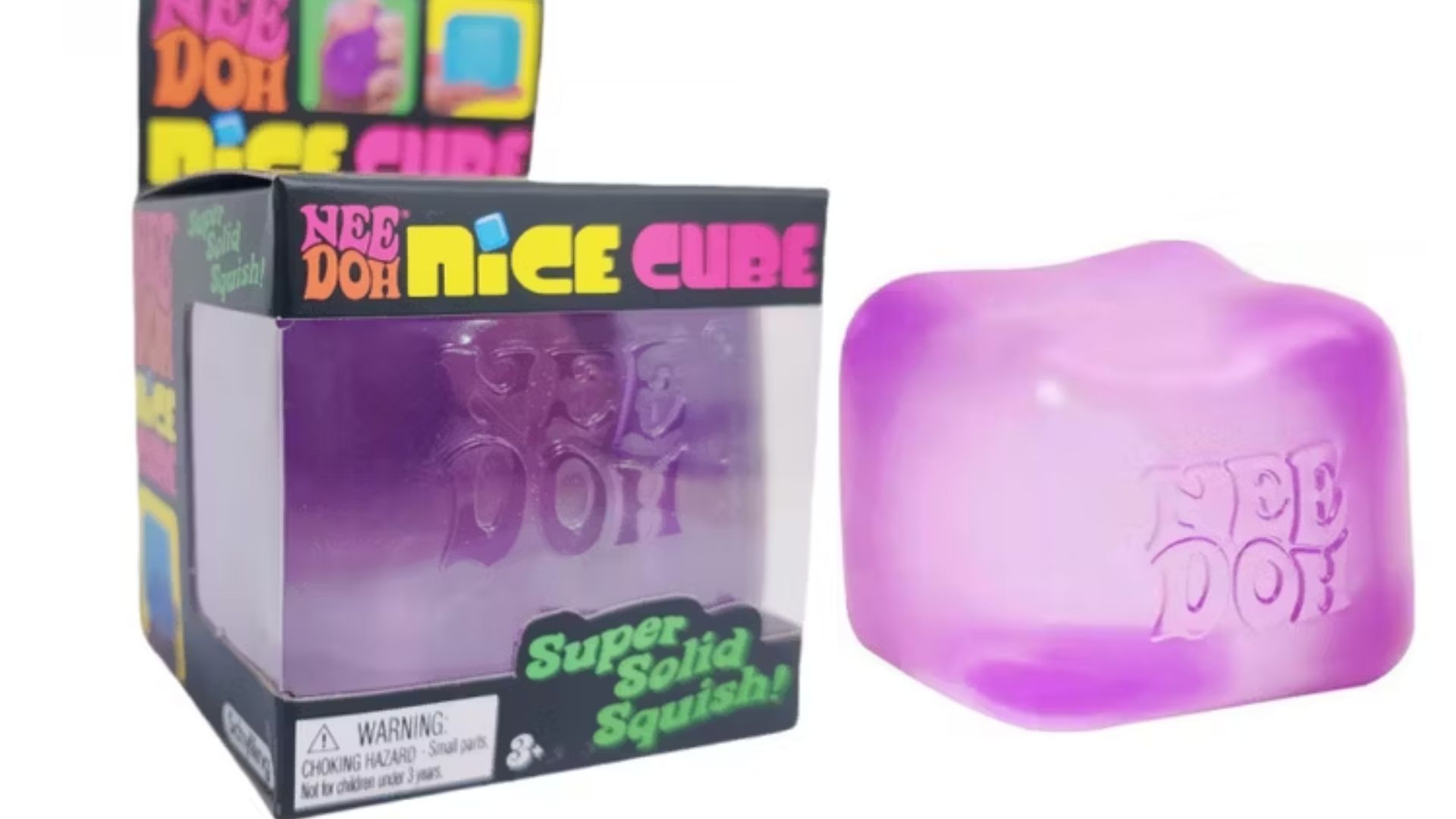 Binafsha rangli NeeDoh Nice Cube antistress o‘yinchog‘i va uning qutisi.