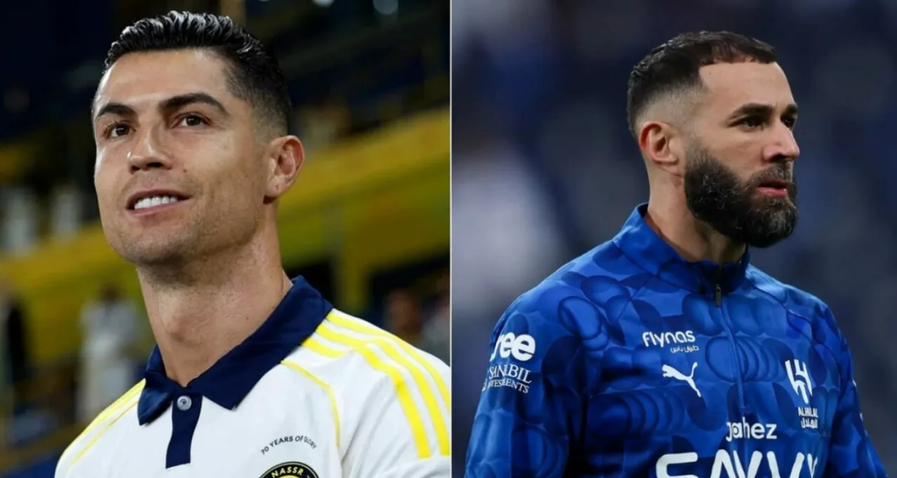 Futbolchilar Krishtianu Ronaldu va Karim Benzemaning yonma-yon portretlari.