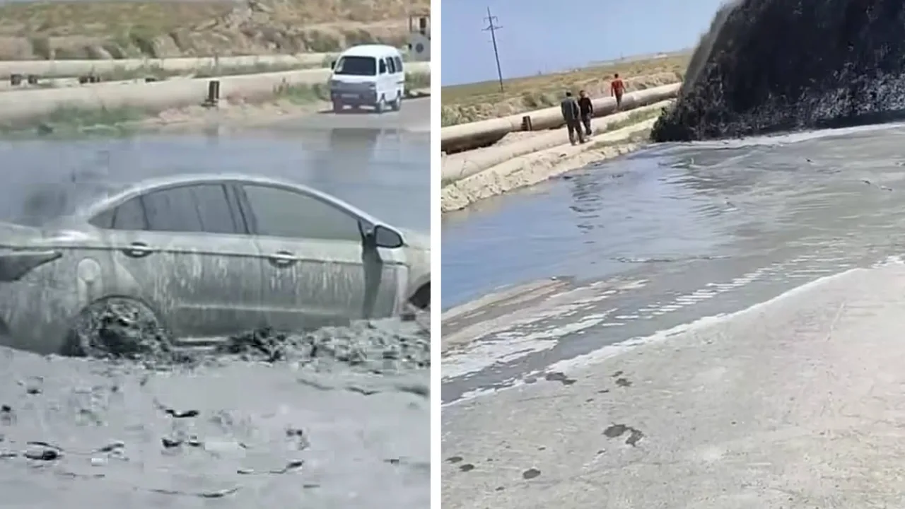 A waste pipeline burst in Olmaliq